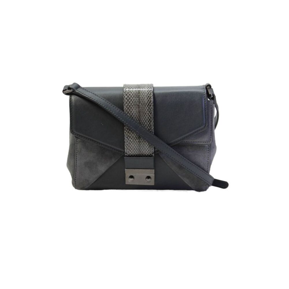 Alexandra Clancy Womens Embossed Trim Flap Suede Small Crossbody Handbag Gray